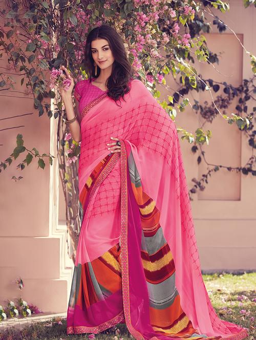 pink georgette printed saree with blouse - 14979563 - Very Small Image - 1