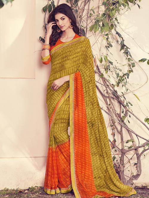 mustard georgette printed saree with blouse - 14979565 - Very Small Image - 1