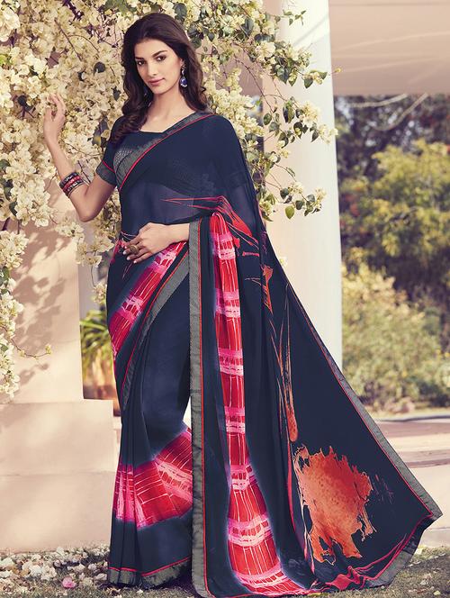 blue georgette printed saree with blouse - 14979611 - Very Small Image - 1