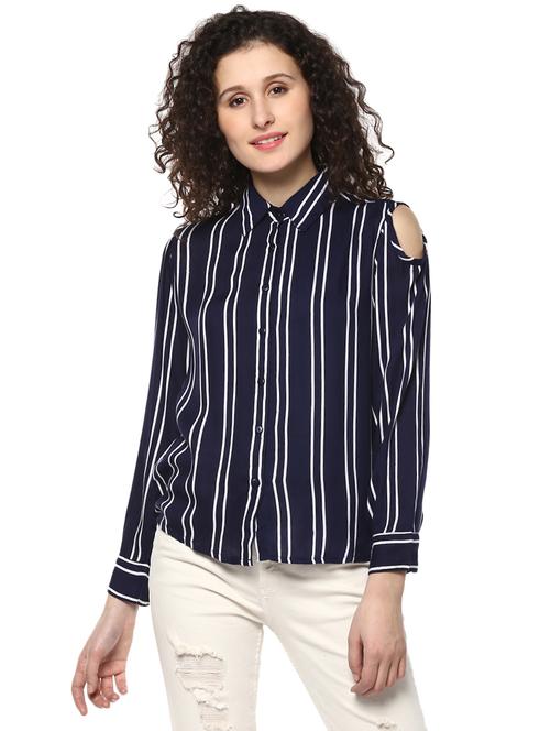 navy blue striped cold shoulder shirt - 14980418 - Very Small Image - 1