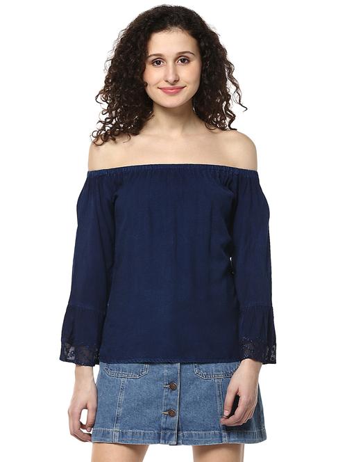 navy blue off shoulder denim top - 14980534 - Very Small Image - 1