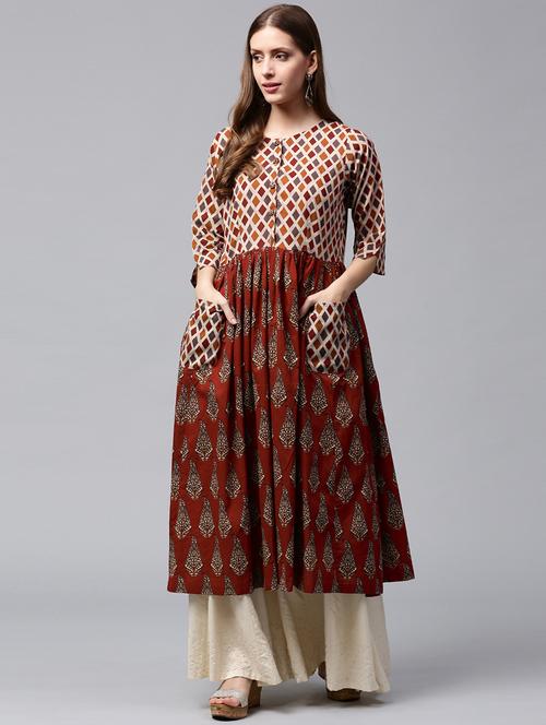 red cotton flared kurta - 14981106 - Very Small Image - 1