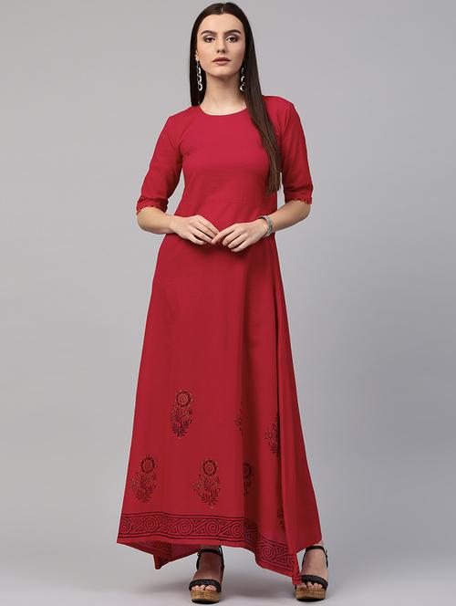 red cotton solid kurta - 14981118 - Very Small Image - 1