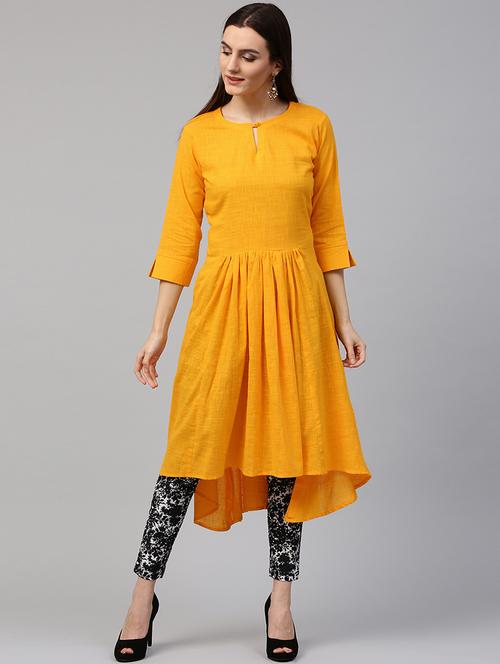 yellow cotton high-low kurta - 14981128 - Very Small Image - 1