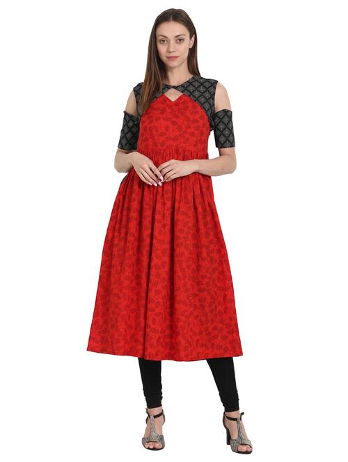 cold shoulder key hole flared kurta - 14981209 - Very Small Image - 1