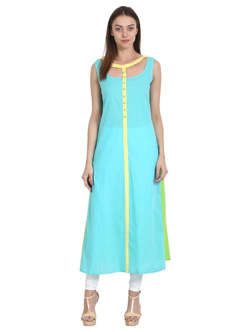 turquoise cotton a-line kurta - 14981232 - Very Small Image - 1