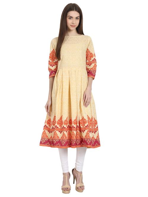 yellow cotton flared kurta - 14981393 - Very Small Image - 1