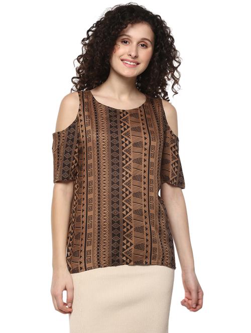 brown printed cold shoulder top - 14981630 - Very Small Image - 1