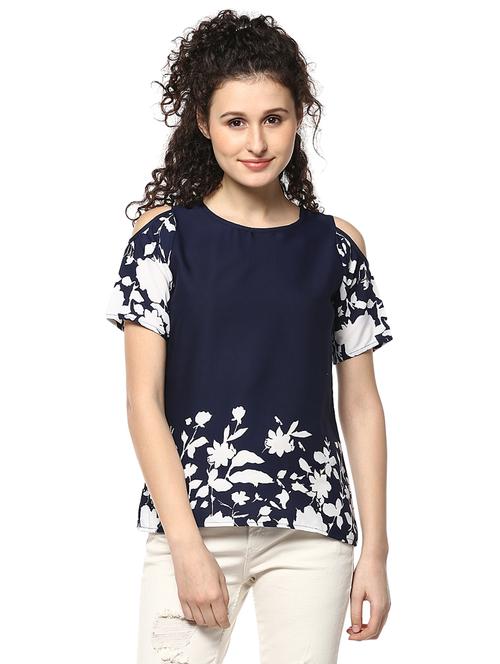 navy blue printed cold shoulder top - 14981632 - Very Small Image - 1
