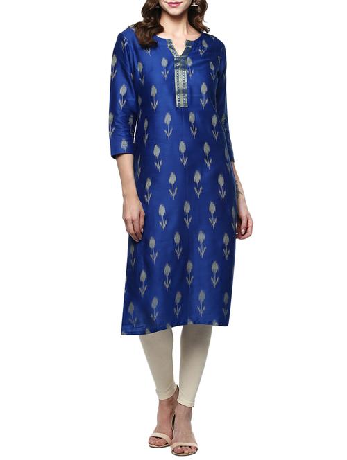 blue cotton blend straight kurta - 14984467 - Very Small Image - 1