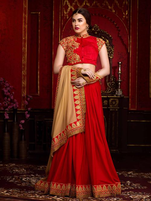 embroidered red half and half saree - 14985833 - Very Small Image - 1