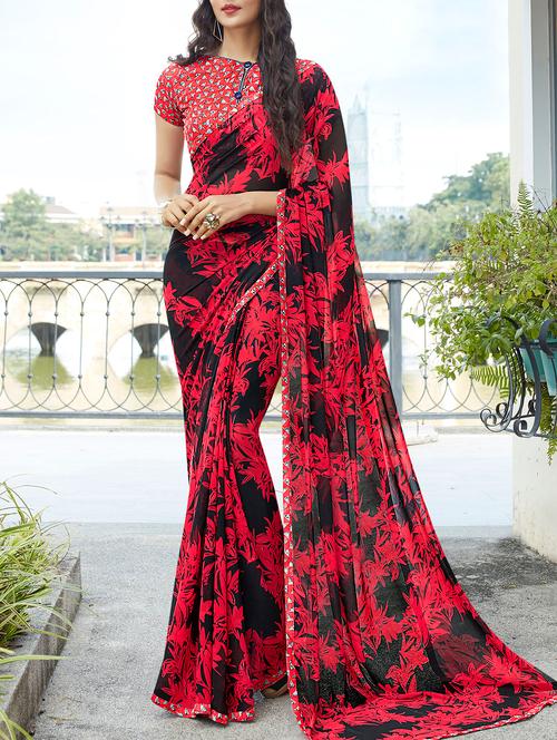 red georgette printed saree - 14986464 - Very Small Image - 1