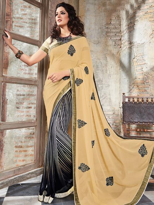 beige georgette half and half saree - 14986500 - Very Small Image - 1