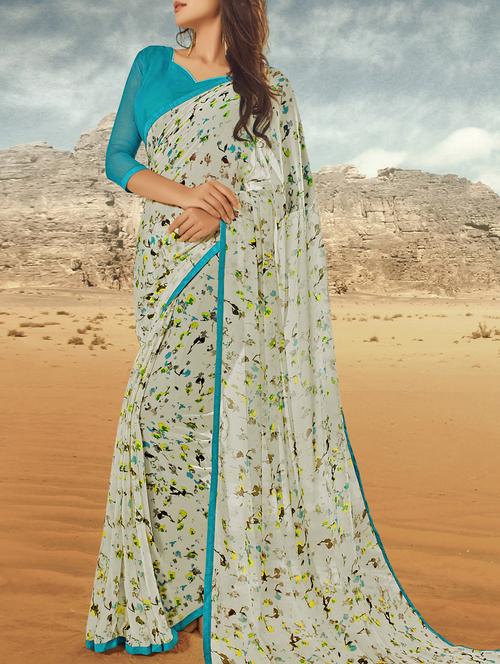 white georgette printed saree - 14986519 - Very Small Image - 1