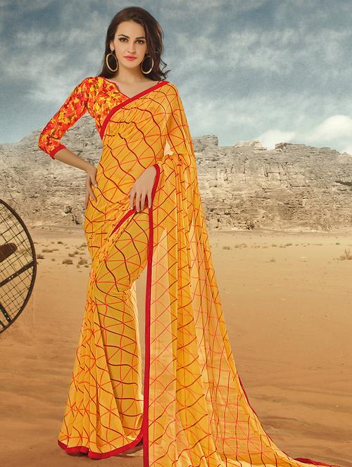 yellow georgette printed saree - 14986520 - Very Small Image - 1