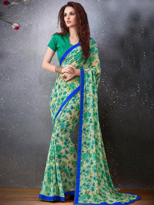 green georgette printed saree - 14986536 - Very Small Image - 1