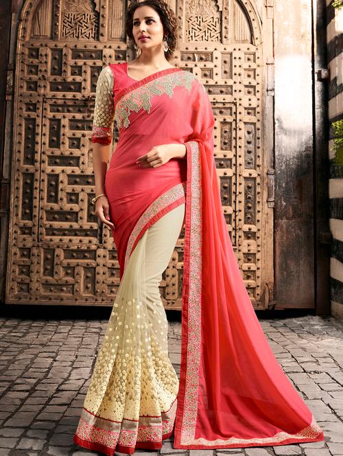 peach georgette half and half saree with blouse - 14986556 - Very Small Image - 1