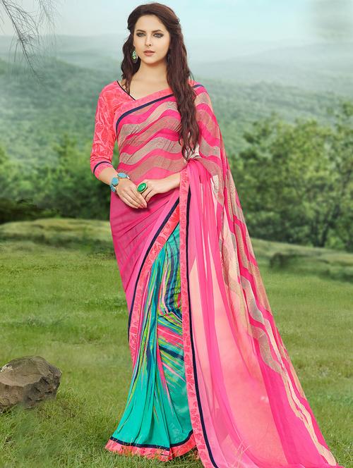 peach georgette printed saree - 14986572 - Very Small Image - 1