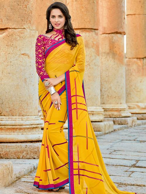 yellow georgette printed saree - 14986584 - Very Small Image - 1