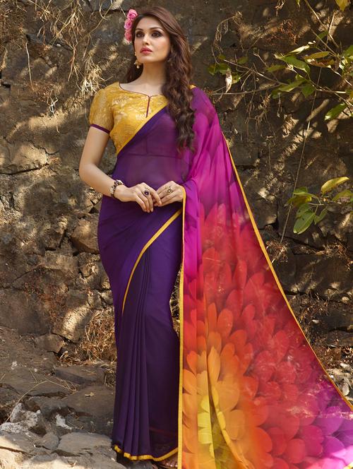 purple georgette printed saree - 14986586 - Very Small Image - 1