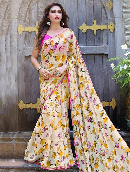 cream georgette printed saree - 14986646 - Very Small Image - 1