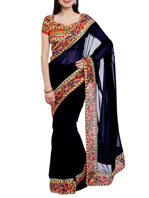 black georgette bordered saree with blouse - 14987417 - Very Small Image - 1