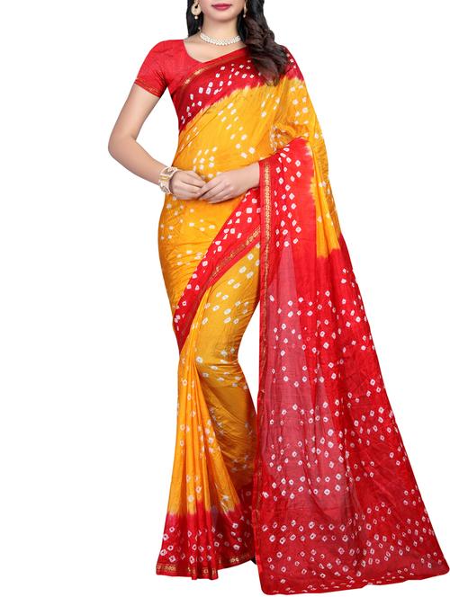 yellow tussar silk bandhani saree with blouse - 14987837 - Very Small Image - 1