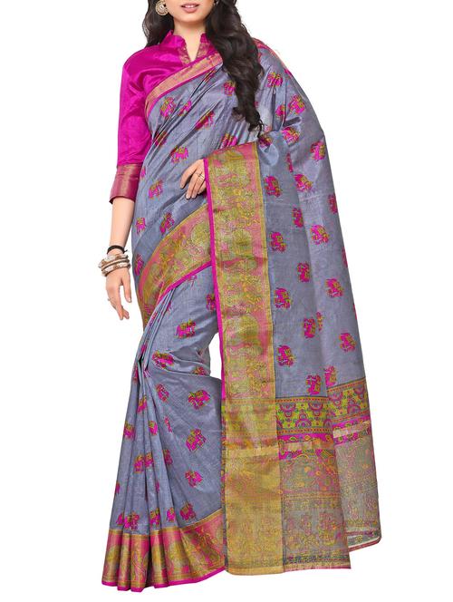 grey raw silk printed saree - 14989113 - Very Small Image - 1