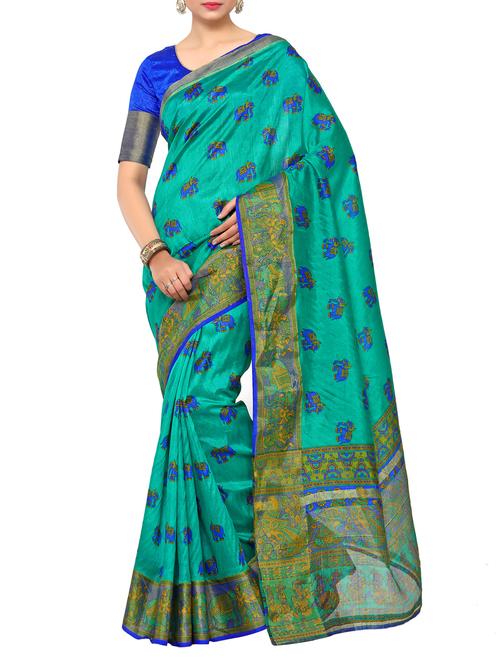 turquoise raw silk printed saree - 14989115 - Very Small Image - 1