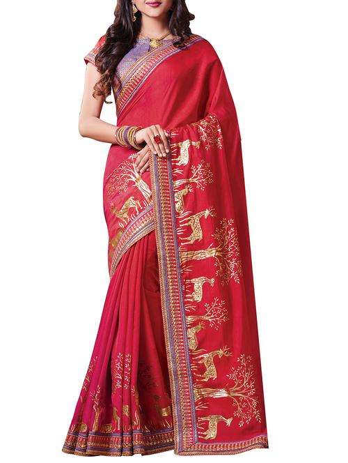 red printed saree with blouse - 14989928 - Very Small Image - 1