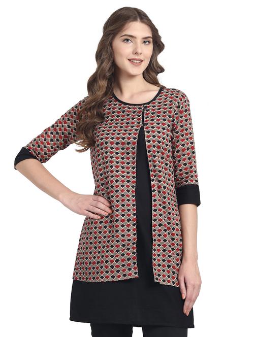 black cotton printed layered tunic - 14990654 - Very Small Image - 1
