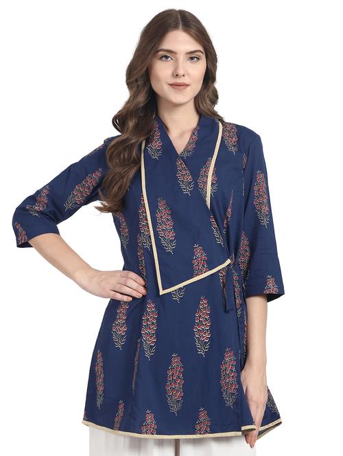 dark blue cotton wrap printed tunic - 14990657 - Very Small Image - 1