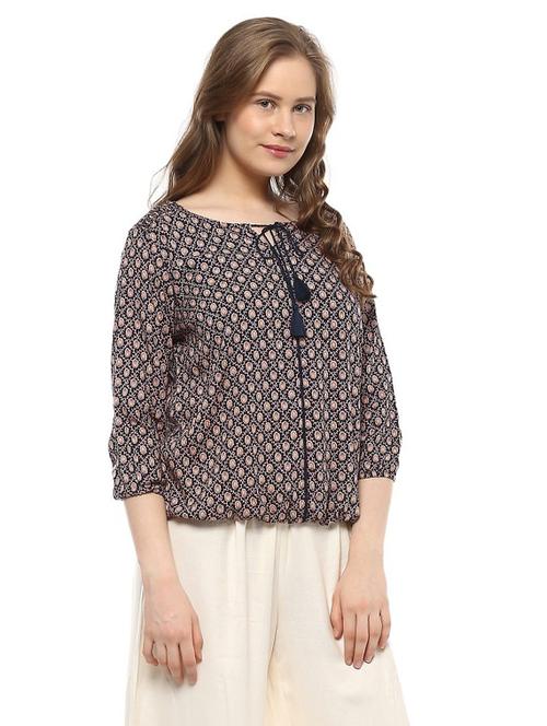 navy blue printed rayon top - 14992019 - Very Small Image - 1