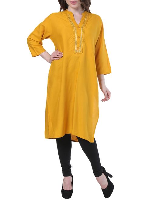 yellow rayon solid kurta - 14992301 - Very Small Image - 1