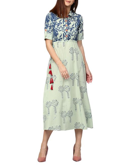 blue printed cotton a-line dress - 14992875 - Very Small Image - 1