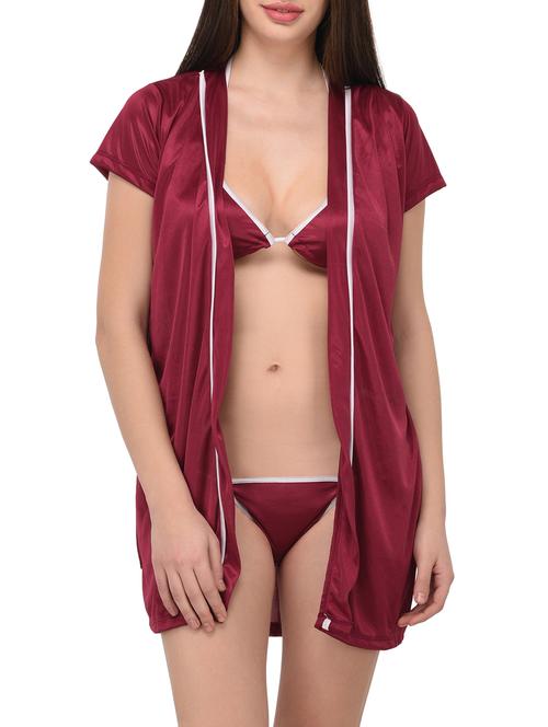 solid maroon robe with bra and panty set - 14993285 - Very Small Image - 1