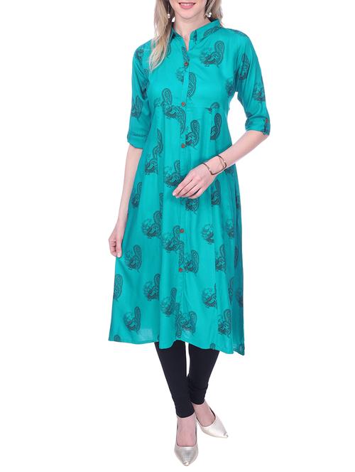 turquoise rayon a-line kurta - 14996321 - Very Small Image - 1