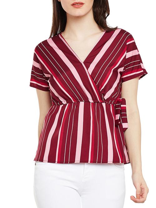 tie up waist striped surplice top - 14997822 - Very Small Image - 1