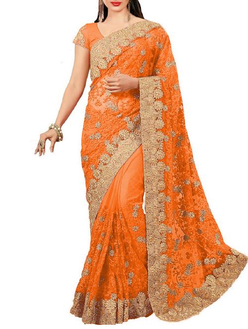orange net embroidered saree with blouse - 14998896 - Very Small Image - 1
