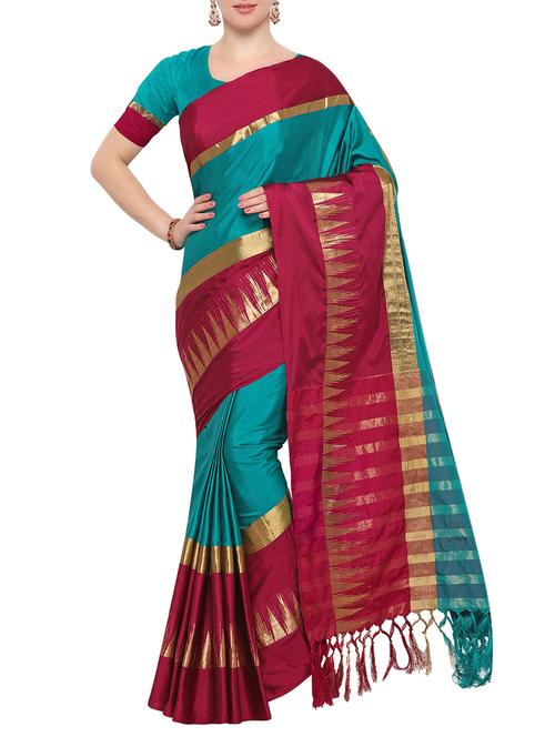 sky blue cotton blend bordered saree with blouse - 15001547 - Very Small Image - 1