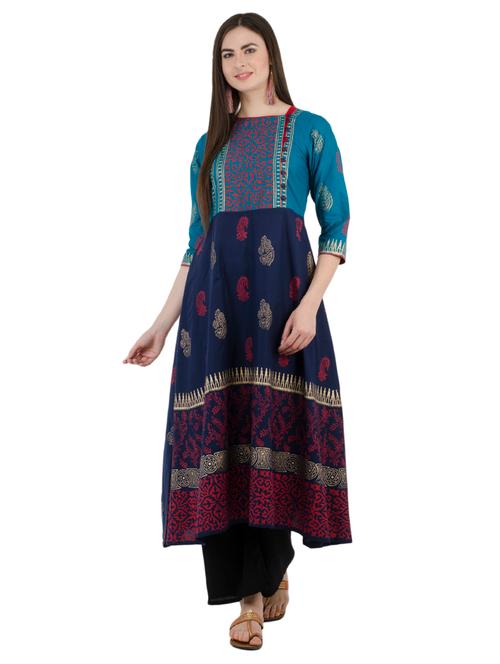 blue cotton flared kurta - 15002667 - Very Small Image - 1