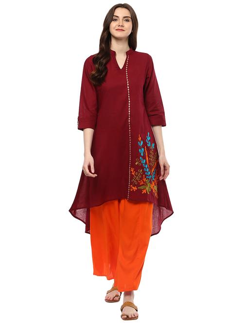 maroon cotton high-low kurta - 15003494 - Very Small Image - 1