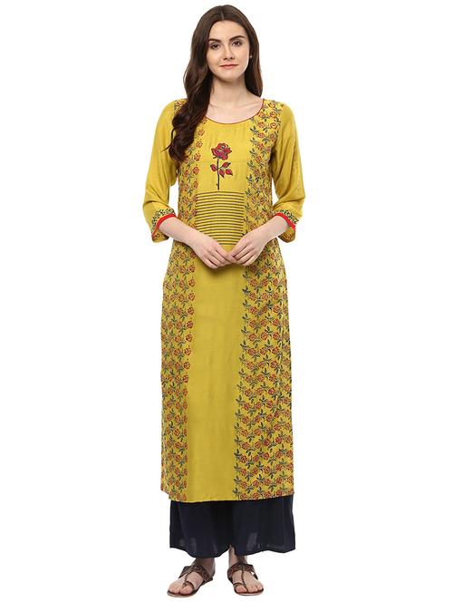 yellow rayon straight kurta - 15003495 - Very Small Image - 1