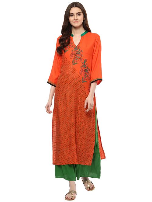 orange rayon straight kurta - 15003496 - Very Small Image - 1