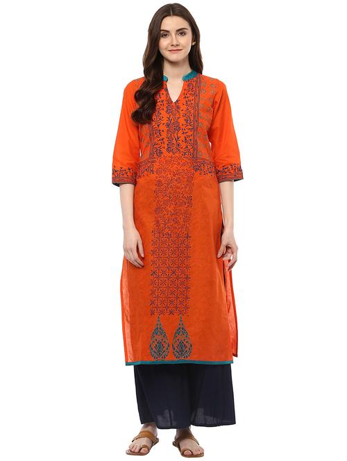 orange cotton straight kurta - 15003499 - Very Small Image - 1