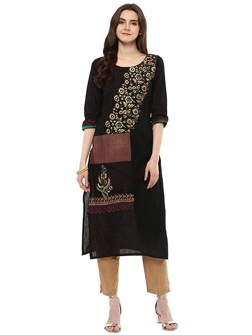 black cotton straight kurta - 15003503 - Very Small Image - 1