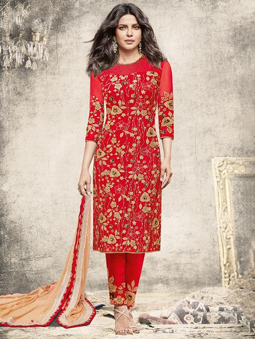 embellished straight semi-stitched suit - 15004417 - Very Small Image - 1
