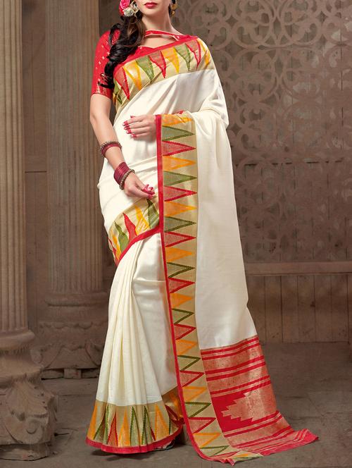 cream art silk bordered saree with blouse - 15004678 - Very Small Image - 1