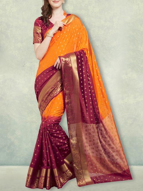 orange art silk banarasi saree with blouse - 15004745 - Very Small Image - 1
