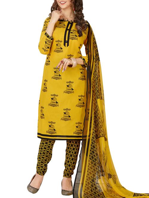 yellow cotton unstitched suit - 15005469 - Very Small Image - 1